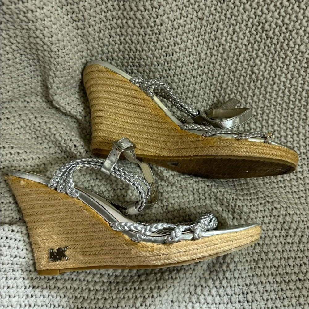 Michael Kors Women's Palm Beach Sandal Size 8‎ Wedge Heel Espadrille Silver